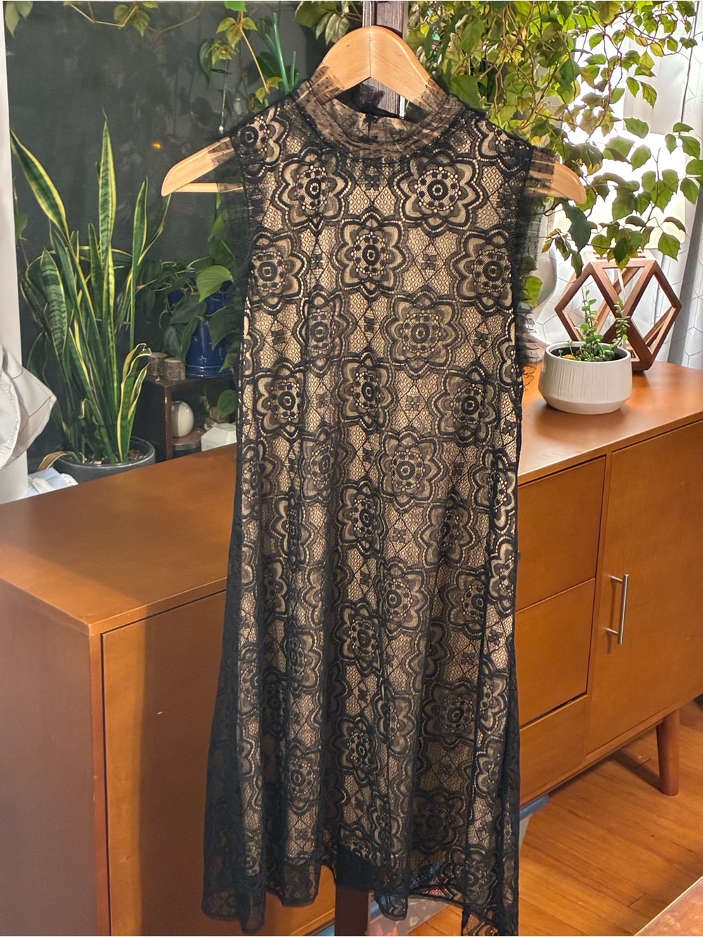 Max Studio Black Lace Overlay Dress with Nude Underlay NWT